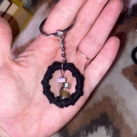 Black Hand Crafted Macrame Keychain Purse Charm with Stones - Picture 4 of 9